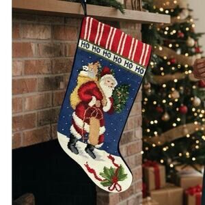 Vintage Santa Wool Needlepoint Christmas Stocking Velvet Back Holiday Decoration